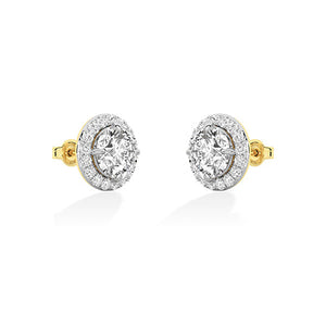 Round Lab-Grown Diamond Earrings in 18K yellow gold, worn on model